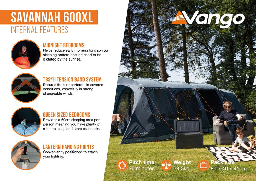 Vango Savannah 600XL 6-Person Family Tent Package - product internal features infographic