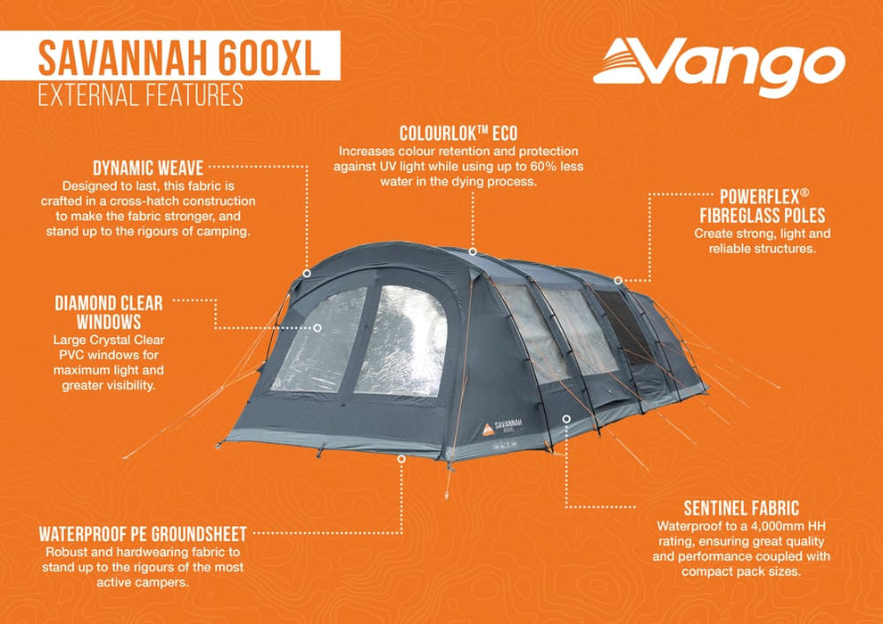 Vango Savannah 600XL 6-Person Family Tent Package - product external features infographic