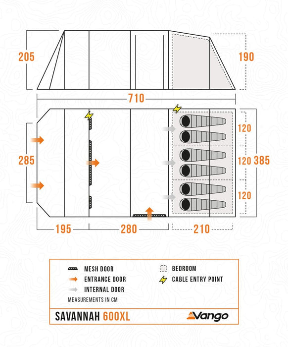 Vango Savannah 600XL 6-Person Family Tent Package - product floorplan infographic