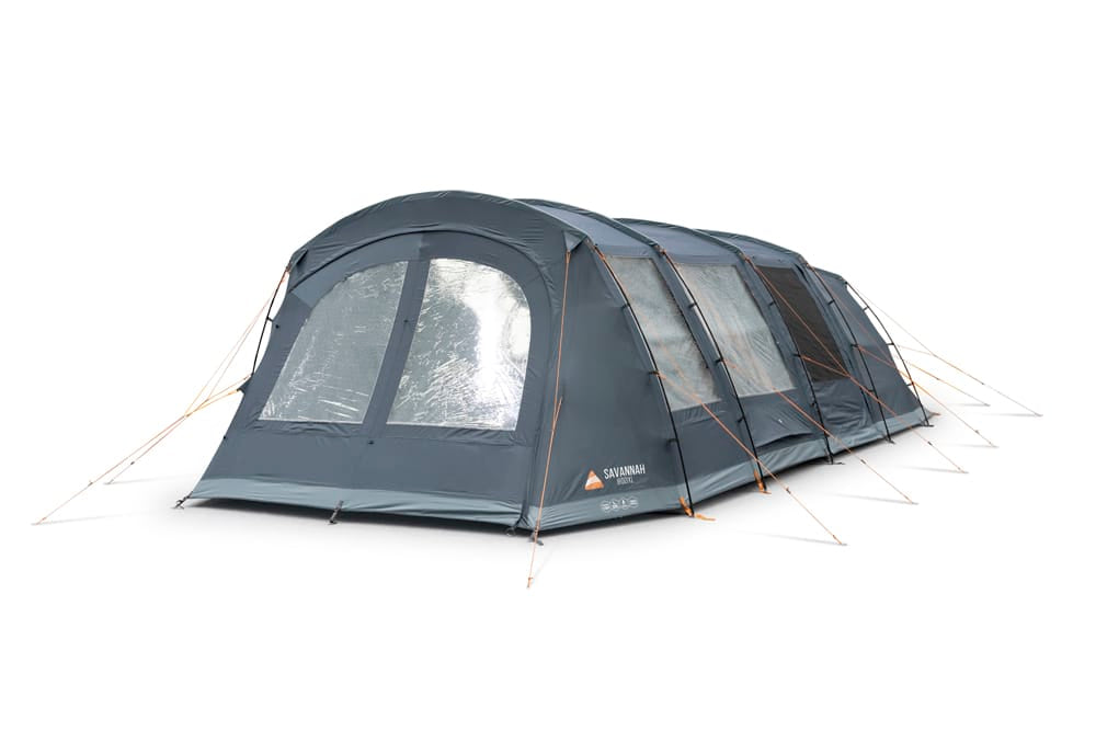 Vango Savannah 600XL 6-Person Family Tent Package - product image, showing front-right side view of tent with all doors closed, and both curtains down