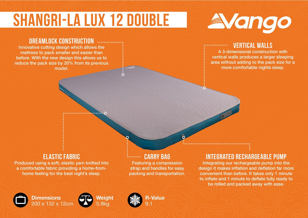 Vango Shangri-La Lux 12 Double Self-Inflating Camping Mattress - product features infographic