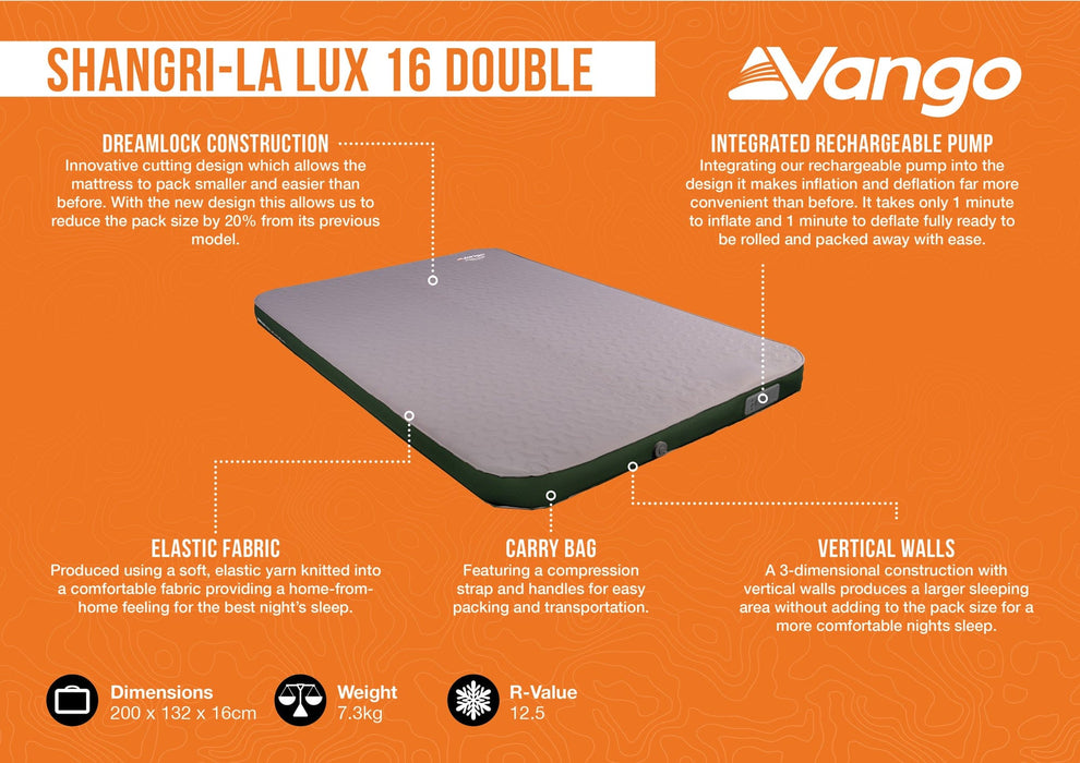Vango Shangri-La Lux 16 Double Luxury Camping Mattress - product features infographic