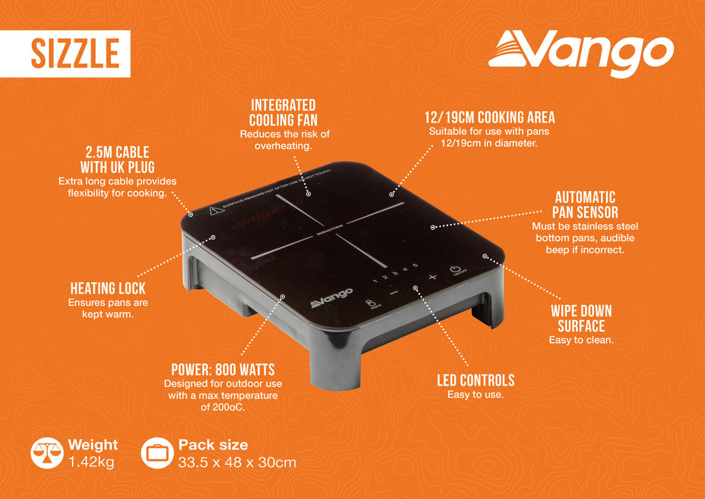 Vango Sizzle Electric Cooker - Black Single 800W Induction Hob infographic image of all features. 800w, led controls, wipe down surface, automatic pan sensor, 12/19cm cooking area, integrated cooling fan, 2.5m cable uk plug, heating lock. Pack size 33.5x48x 30cm weight 1.42kg