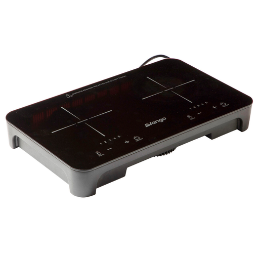 Vango Sizzle Double Electric Cooker - Black Double 800W Induction Hob main feature image with logo in middle front and each hob showing temperature controls of 1-5 with plus and minus buttons and on/off on each side