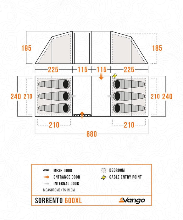 Vango Sorrento 600XL 6-Person Family Tunnel Tent - product floorplan infographic