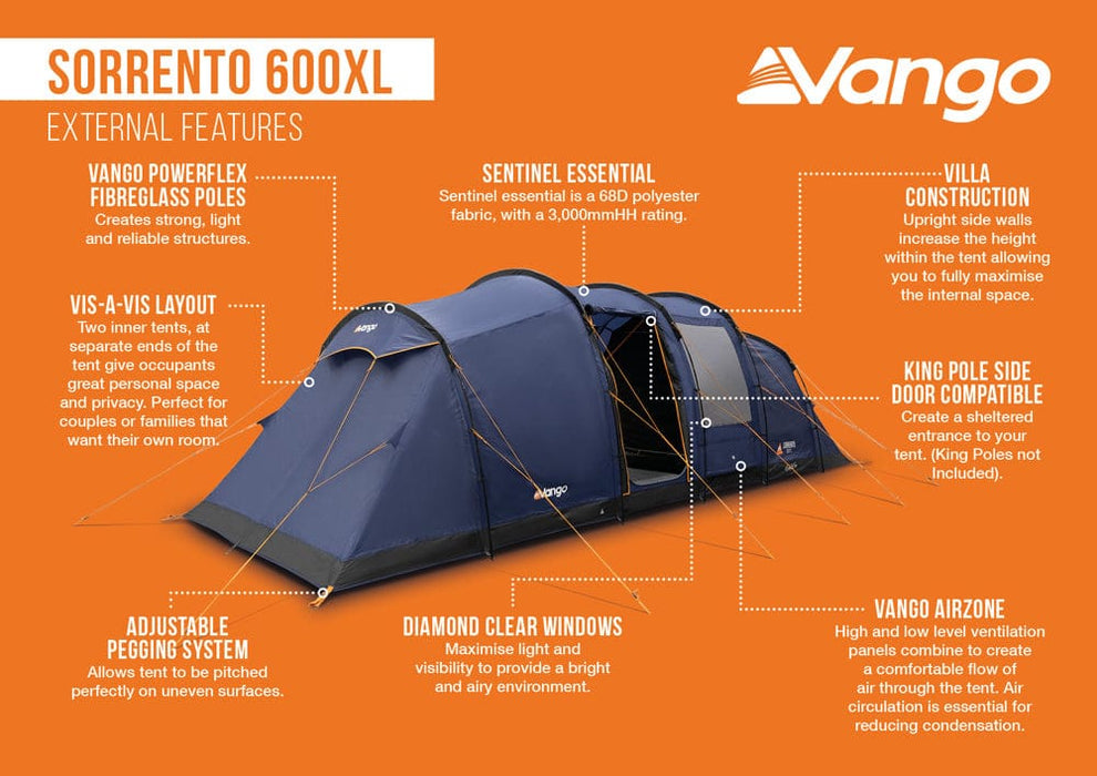 Vango Sorrento 600XL 6-Person Family Tunnel Tent - product external features infographic