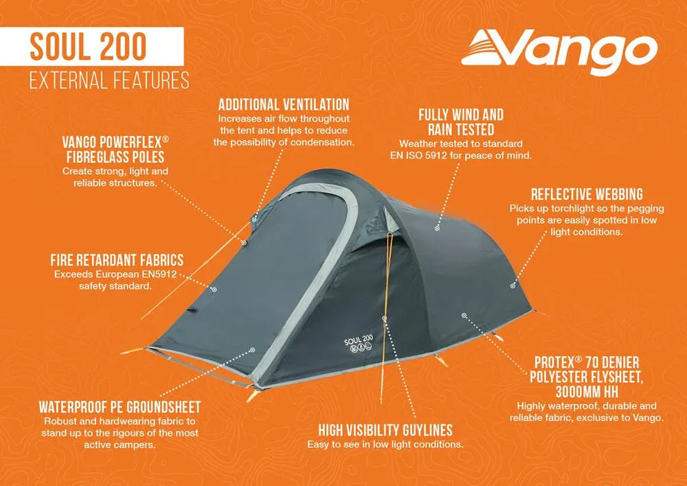 Vango Soul 200 2 Person Tunnel Tent - Peridot Green - product external features infographic