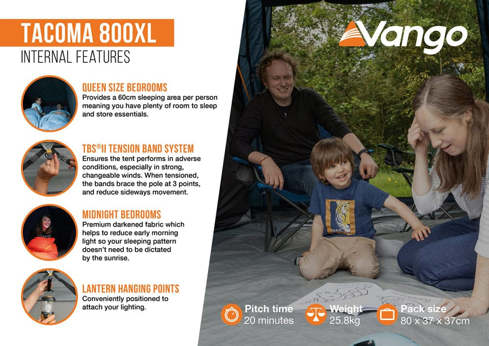 Vango Tacoma 800XL 8-Person Family Camping Tent - product internal features infographic