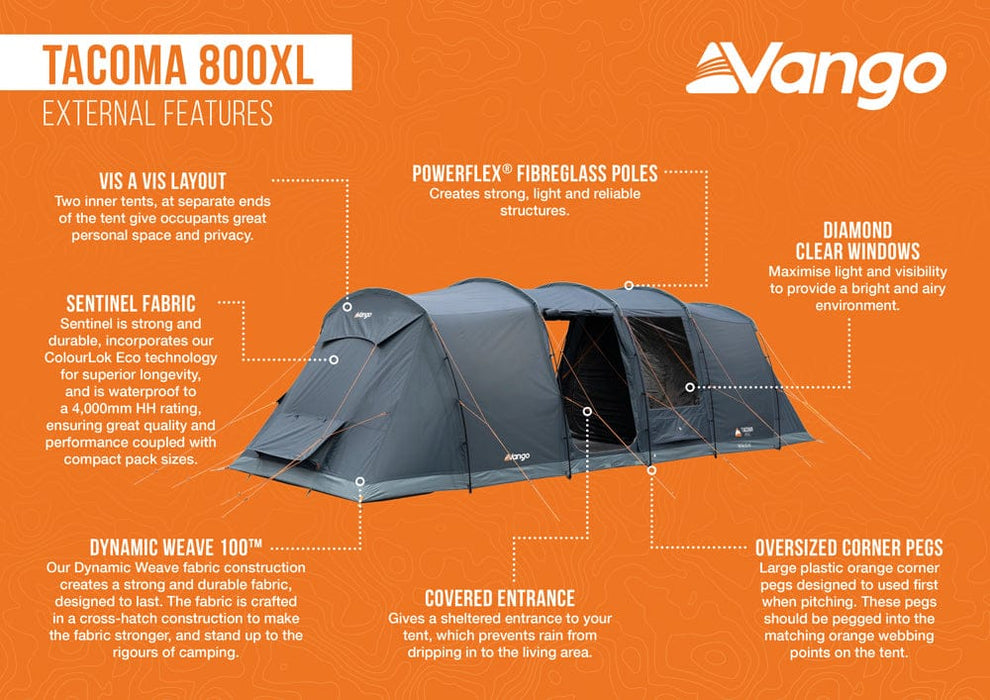 Vango Tacoma 800XL 8-Person Family Camping Tent - product external features infographic