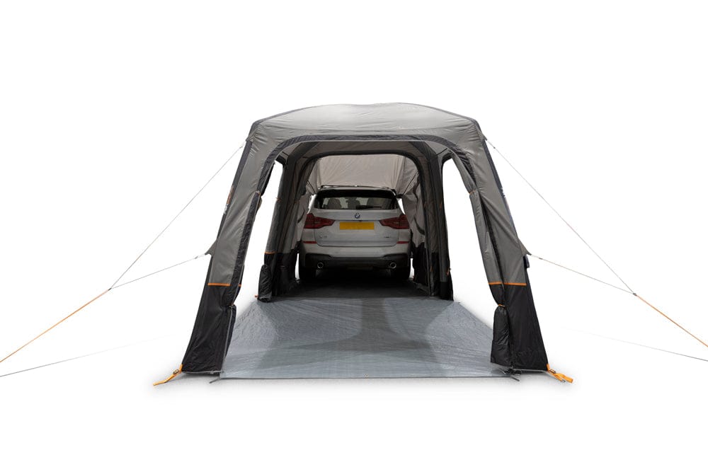 Vango Tailgate AirHub II Low Drive Away Awning - product image, shown attached to vehicle with all doors open from rear view
