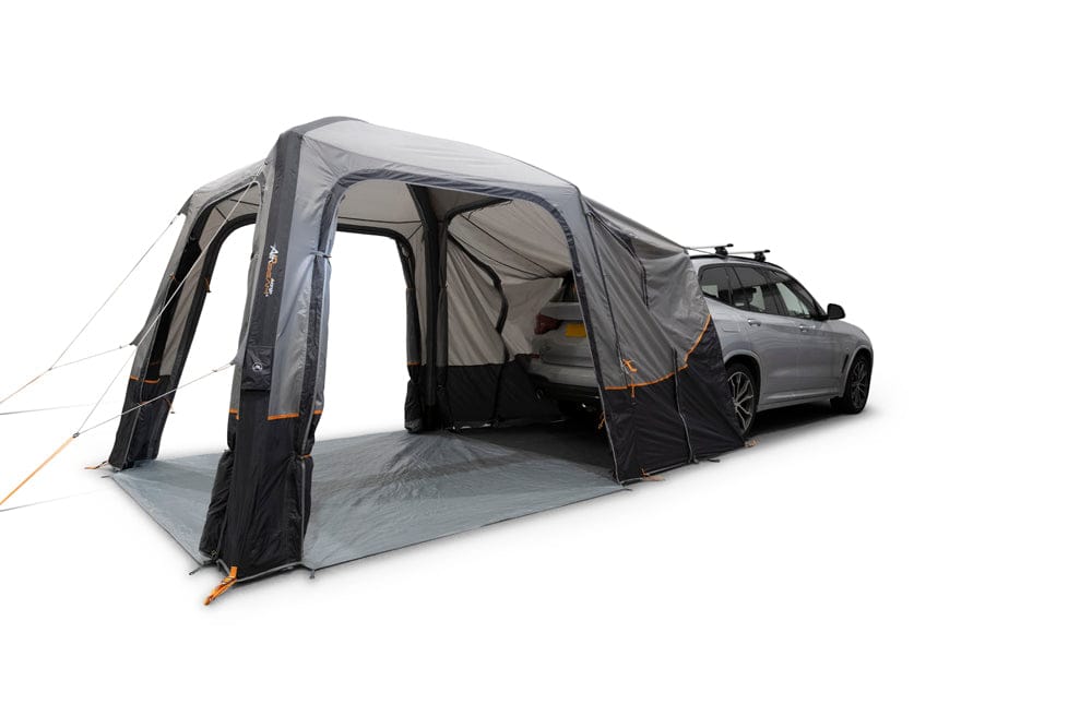 Vango Tailgate AirHub II Low Drive Away Awning - product image, shown attached to vehicle with all doors open from rear side-angle view