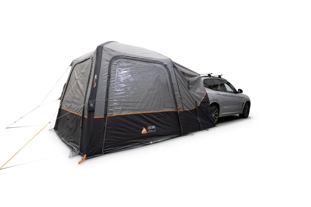 Vango Tailgate AirHub II Low Drive Away Awning - product image, shown attached to vehicle with all doors closed from rear side-angle view