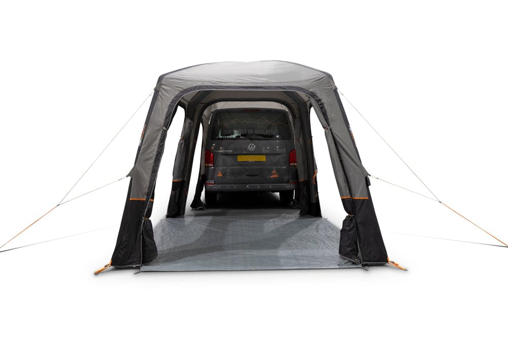Vango Tailgate AirHub II Low Drive Away Awning - product image, shown attached to vehicle with all doors closed from rear end view