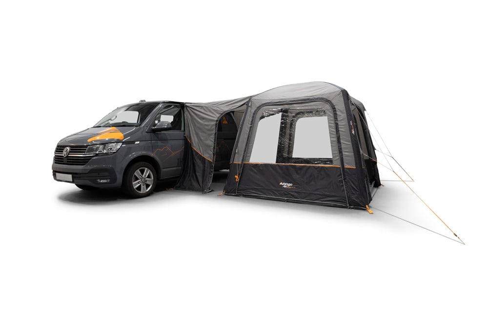 Vango Tailgate AirHub II Low Drive Away Awning - product image, shown attached to vehicle with with tunnel and end doors open