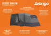 Vango Versos Air Inflatable Cloud Grey Drive Away Awning - Low infographic of external features. pre angled beams, airbeam structure, sentinel active 150D fabric, diamond clear windows, high visibility guylines, fully wind and rain tested & fire retardant. 