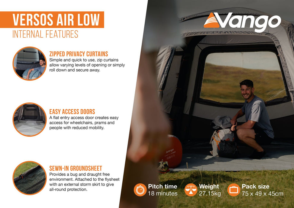 Vango Versos Air Inflatable Cloud Grey Drive Away Awning - Low infographic of internal features. Zipped privacy curtains, easy access doors and sewn-in groundsheet