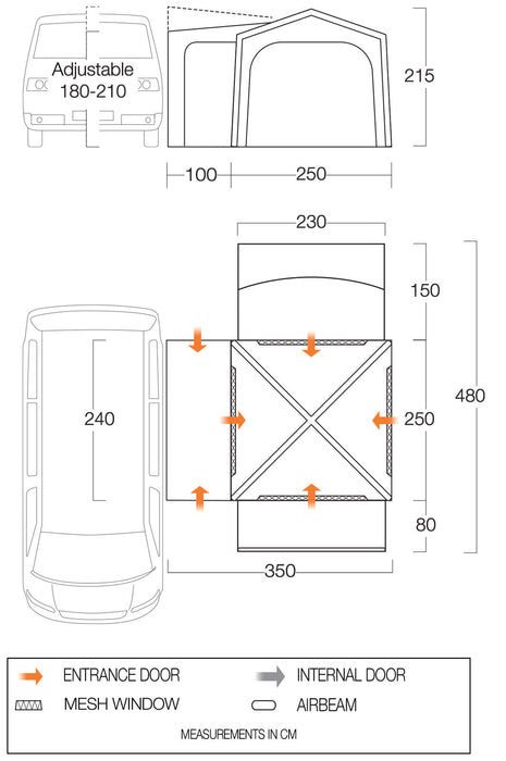 Vango Versos Air Inflatable Cloud Grey Drive Away Awning - Low layout image featuring all the dimensions of the awning