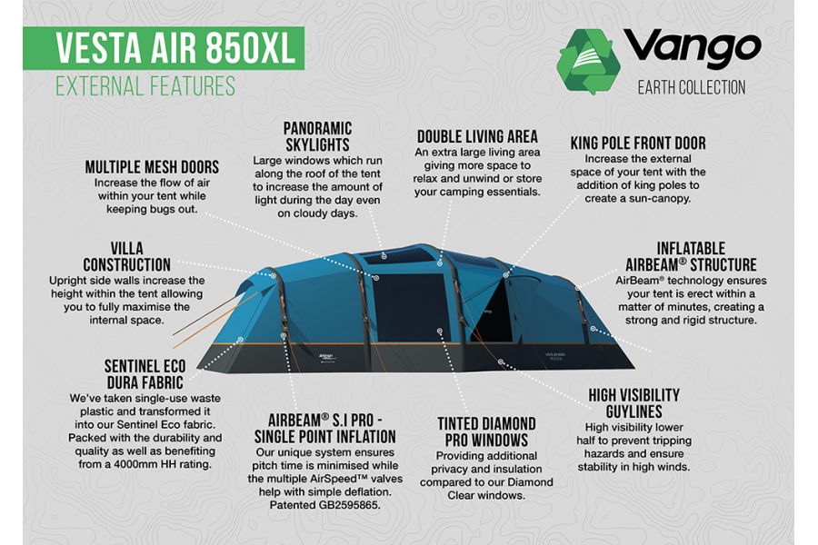 Vango Vesta AIR 850XL Inflatable 8 Berth Tunnel Tent & Groundsheet Package External features