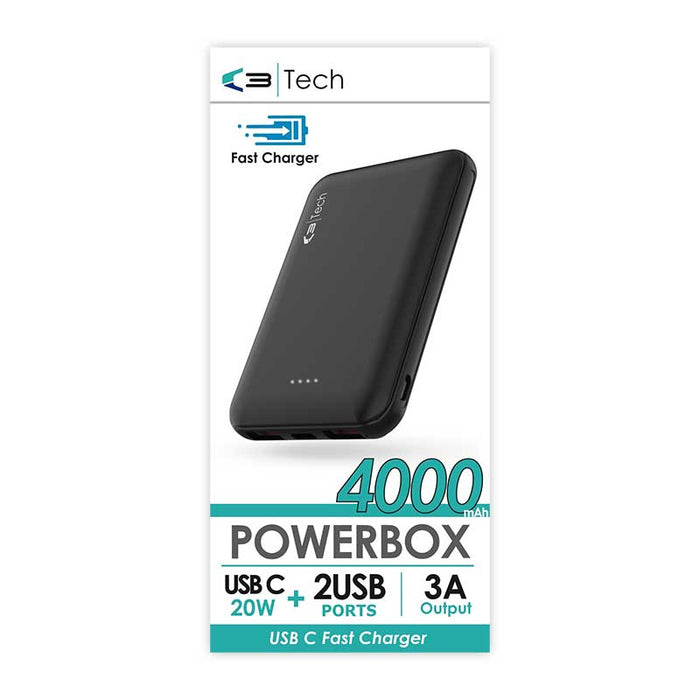Vibe C3 4,000mAh Power Bank with 20W USB-C Fast Charging - main product image, showing the  portable charger in black on its retail packaging card which highlights its 3A output and fast charging capabilities