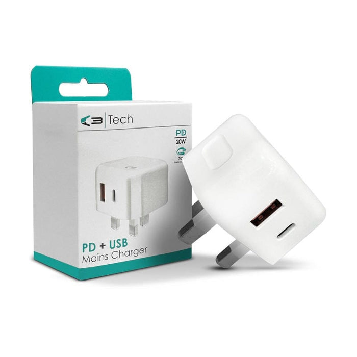 Vibe C3 PD & USB Mains Charger - product image, showing a white 3-pin UK mains charger plug shown next to its retail packaging box. The box is white with teal accents