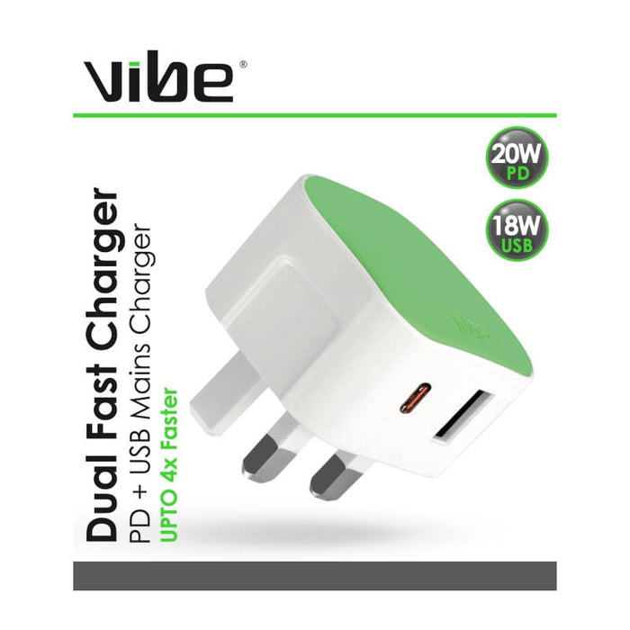Vibe Dual PD & USB Mains Charger - main product image, showing the plug adapter in white and light green, featuring a USB-C port and USB-A port, with text highlighting 20W PD and 18W USB support on a white background.