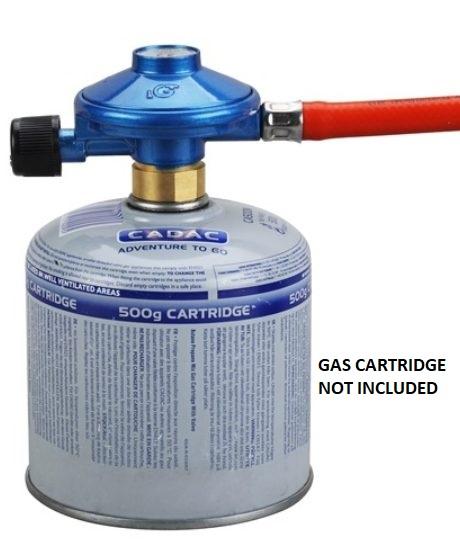 Cadac EN417 Regulator Assembly - Screw On shown on gas cartridge (cartridge not included)