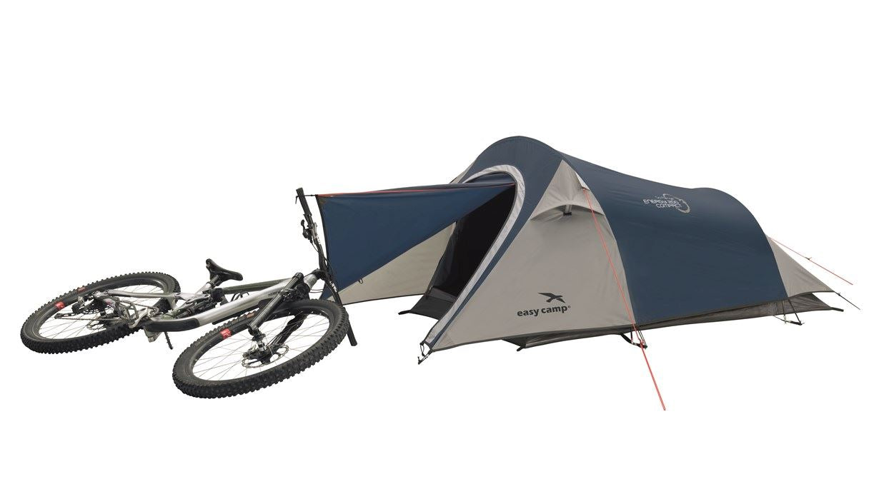 Easy Camp Energy 200 Compact- 2 Berth Tent image of front canopy on bike handles 