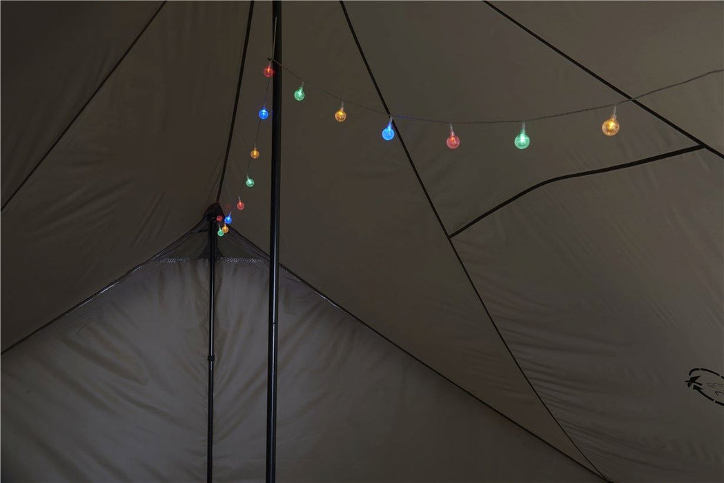 Easy Camp Globe Light Chain Coloured - Battery Powered Fairy Lights lifestyle image of lights in tent