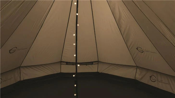 Easy Camp Moonlight Bell  - 7 Person Family Tipi Tent interior image of tent with fairy lights on central pole 
