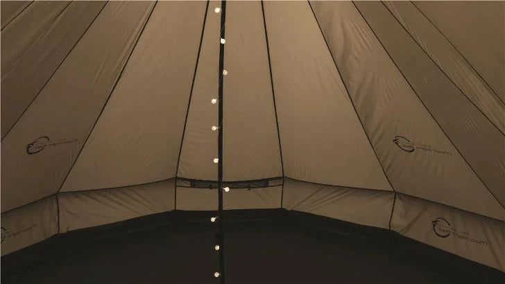 Easy Camp Moonlight Bell  - 7 Person Family Tipi Tent interior image of tent with fairy lights on central pole 