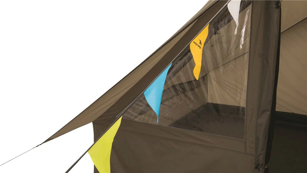 Easy Camp Moonlight Cabin - 10 Person Family Tent close up image of front window with bunting 