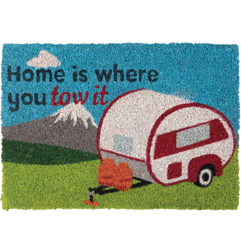 Home Is Where You Tow It Caravan Coir Door Mat with red and white caravan