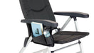 Isabella Chair Side Pocket shown attached to chair and containing example water bottle and book