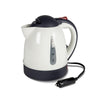 Kampa Travel Kettle - 12 Volt 1 Litre - Main product photo showing white kettle, black lid and base, with cigarette lighter plug in foreground