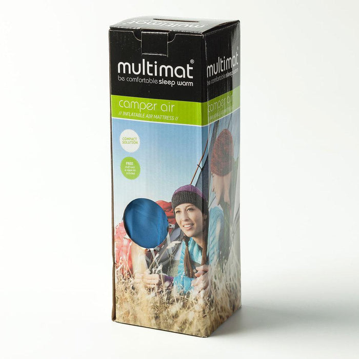 Multimat Camper Air single airbed - boxed in cardboard branded box showing sea blue mat inside