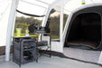 Outdoor Revolution Airedale 5.0S - Inflatable Tunnel Tent interior view with example kitchen in porch and showing view through to 5-berth inner tent living area