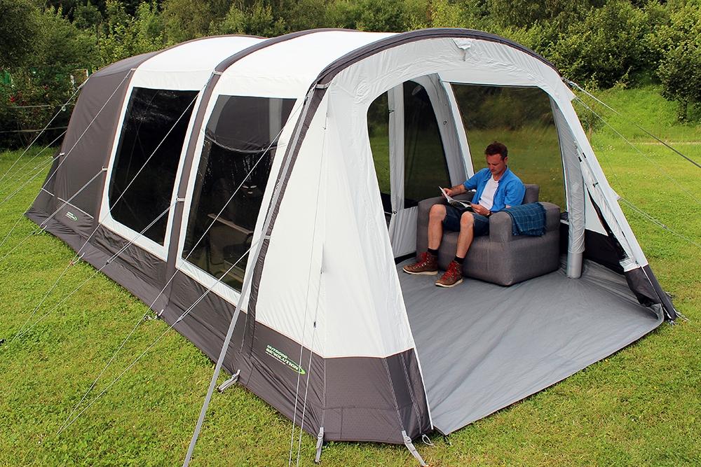 Outdoor Revolution Airedale 5.0S - Inflatable Tunnel Tent open front door with example sofa in porch area and shows the included groundsheet for the porch