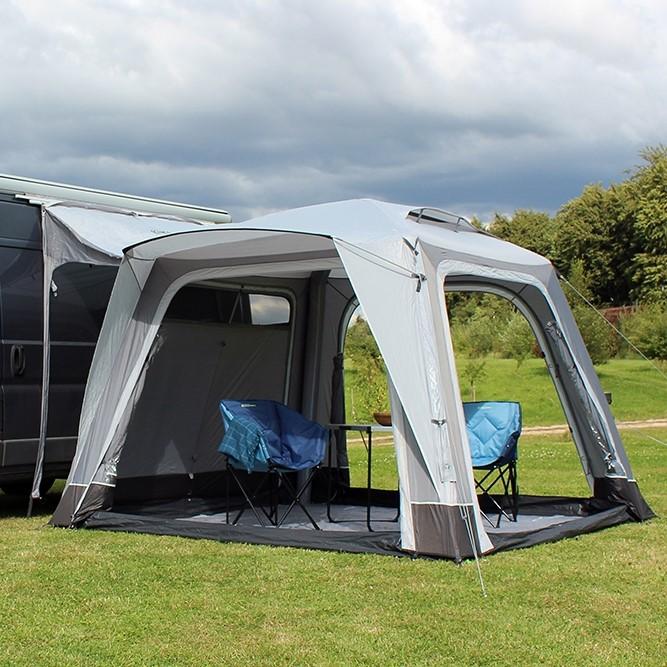 Outdoor Revolution Cayman Air Mid - shown with all sides open and with example camping furniture