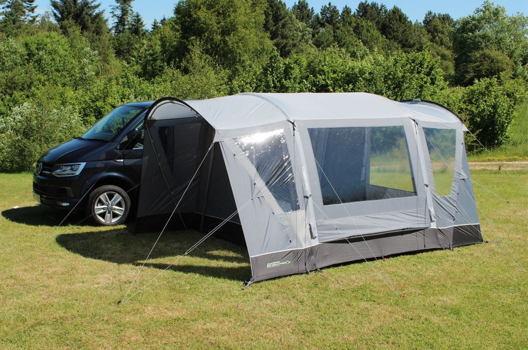 Outdoor Revolution Cayman Combo Air Low - Inflatable Drive Away Awning front side view showing windows in canopy and main body of awning