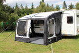 Outdoor Revolution Eclipse Pro 330 Inflatable Caravan Awning showing front door fully open and side door with window and mesh fly screen 