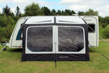 Outdoor Revolution Eclipse Pro 330 Inflatable Caravan Awning front view of awning showing expansive windows and guylines