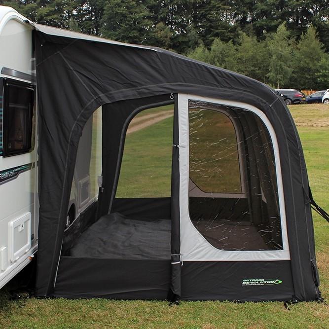 Outdoor Revolution Eclipse Pro 420 - showing side doorway closed with mesh fly screen and clear window also with curtains