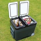 Outdoor Revolution Eco Deep Extreme Compressor Cooler 35L showing example drink bottles and ice creams inside