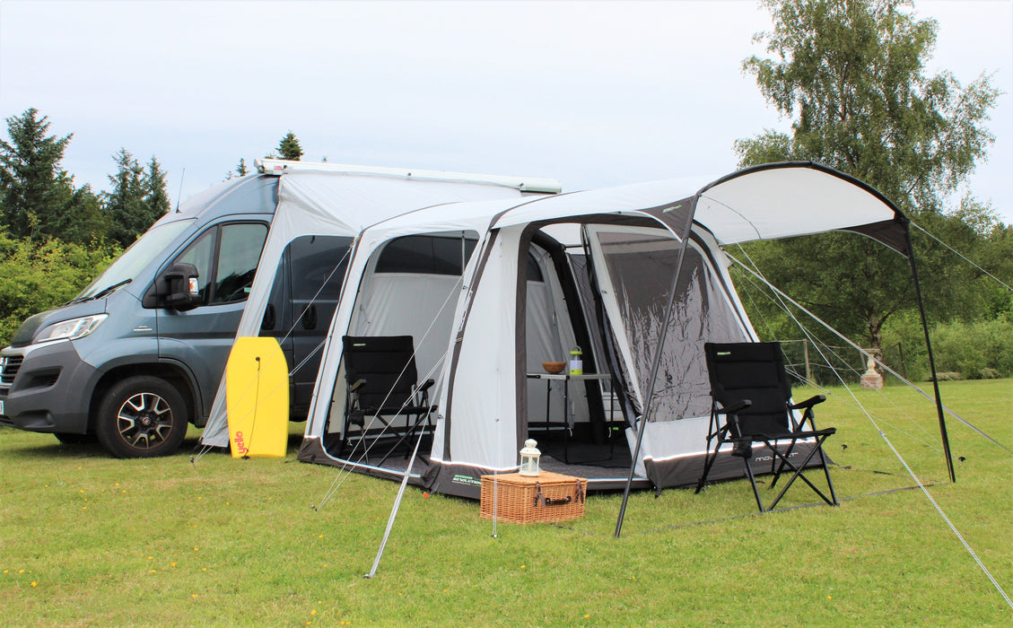 Outdoor Revolution Movelite Poled Sun Canopy - Drive Away Awning Canopy Fitting T2 T3 T4 & T5 lifestyle image of canopy on T2 with awning doors open