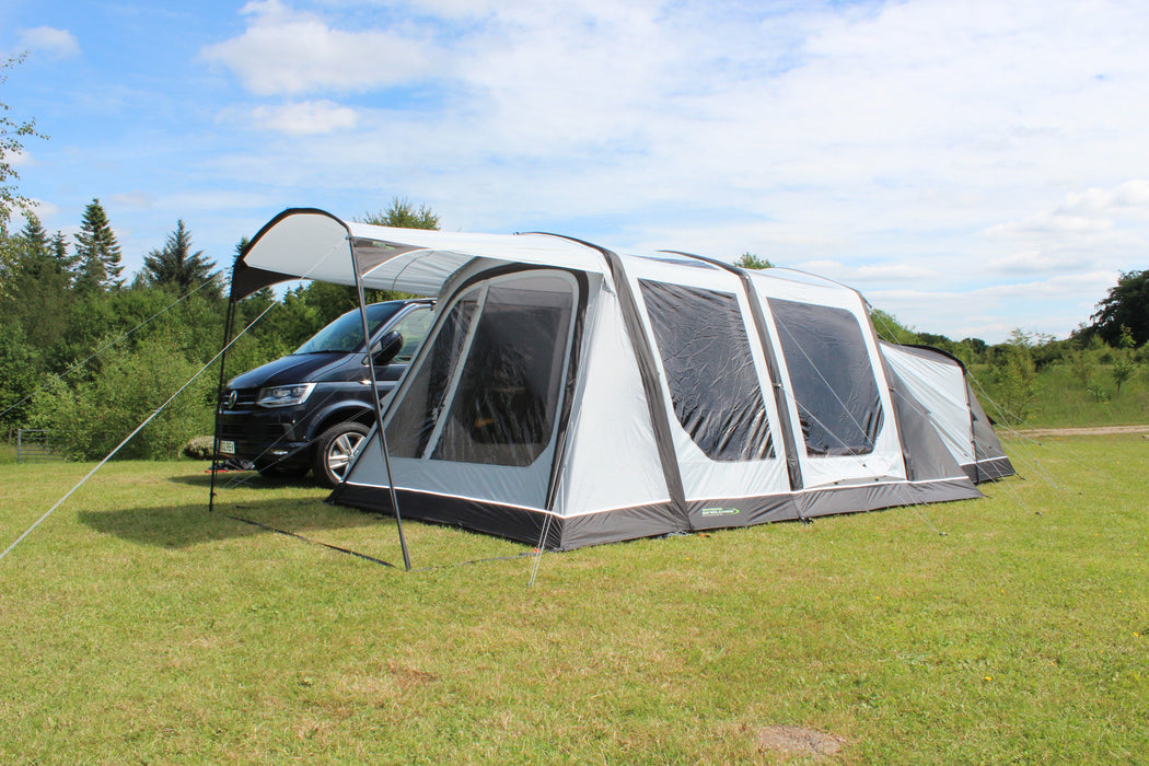Outdoor Revolution Movelite Poled Sun Canopy - Drive Away Awning Canopy Fitting T2 T3 T4 & T5 lifestyle image of canopy on T3 awning with annexe side view