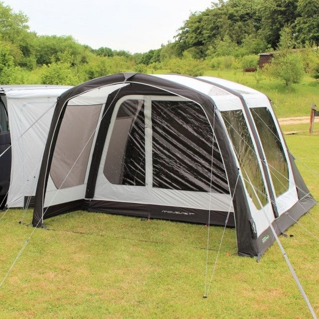 Outdoor Revolution Movelite T3E MID - Inflatable Drive Away Awning front view showing pitched with cowl attached to van