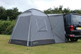 Outdoor Revolution Outhouse Handi Mid Driveaway Awning showing pitched on campsite with guylines, curtain window and roof vent