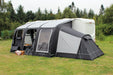 Outdoor Revolution Sportlite Caravan Awning Annexe -Steel Pole feature lifestyle image of awning and annexe with awning doors open 