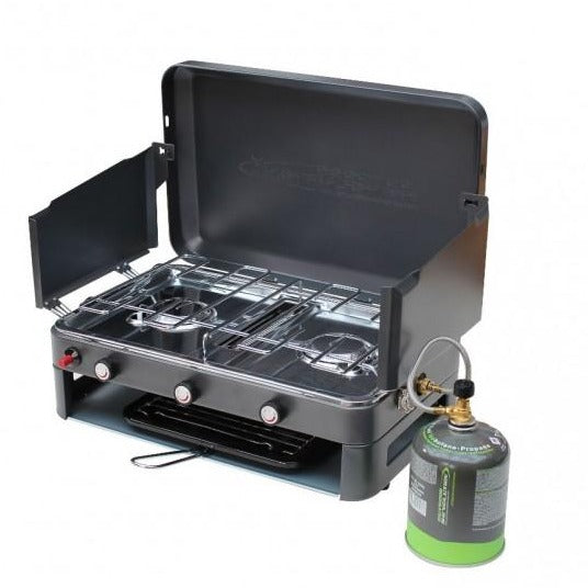 Outdoor Revolution Twin Burner Gas Stove & Grill attached to gas cannister