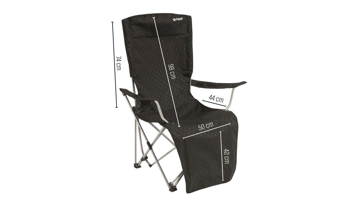 Outwell Catamarca Lounger Folding Arm Chair - Black feature image with measurements showing